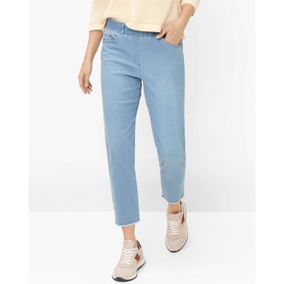 Raphaela by Brax Dames Instapbroek  Style CAVINA FRINGE BLEACHED LIGHT BLUE SLIGHTUSED, denim lichtblauw, maat 40