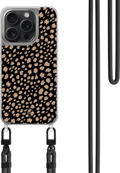 Hoesje met koord geschikt voor iPhone 13 Pro - Savannah spots - Inclusief zwart koord - Crossbody beschermhoes - Transparant, Zwart, Bruin - Mooie Telefoonhoesjes