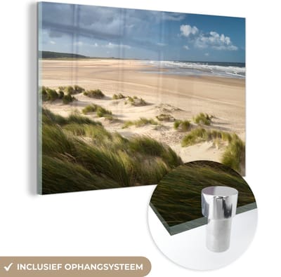 MuchoWow® Glasschilderij 120x80 cm - Schilderij acrylglas - Zand - Duin - Zee - Foto op glas - Muurdecoratie woonkamer - Wanddecoratie slaapkamer - Schilderijen