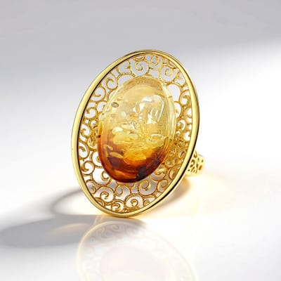 Cavill - Zilveren ring verguld met 3,5 ct Zonsopgang Baltische Barnsteen Ovaal cabochon - 925 Sterling Zilver - Elegante damesring maat 16-19