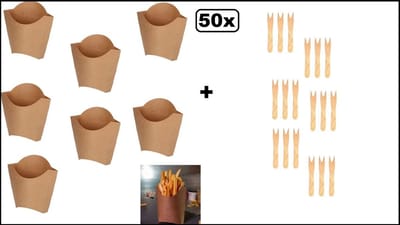 50x Frietbakje Amerikaanse style kraft + 50x houten vorkje XL - Patat friet frites bakje snack bak saus take away MC