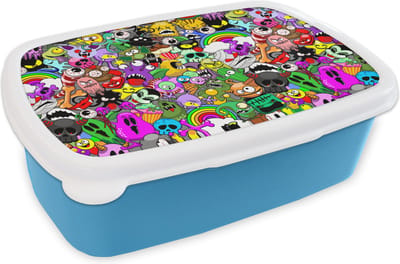 Broodtrommel Blauw - Lunchbox - Brooddoos - Tieners - Monster - Doodle - Patronen - 18x12x6 cm - Kinderen - Jongen