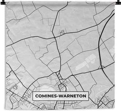Wandkleed - Wanddoek - België – Comines Warneton – Stadskaart – Kaart – Zwart Wit – Plattegrond - 180x180 cm - Wandtapijt