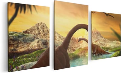 Artaza Canvas Schilderij Drieluik Dinosauriërs in het Water - Dino's - 120x60 - Foto Op Canvas - Canvas Print