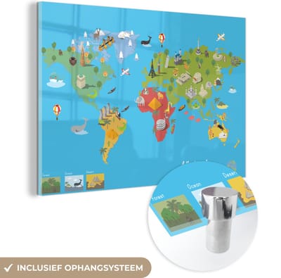 ® Glasschilderij 150x100 cm - Schilderij acrylglas - Wereldkaart Kinderen - Modern - Symbolen - Foto op glas - Muurdecoratie woonkamer - Wanddecoratie slaapkamer - Schilderijen