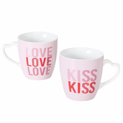 Boltze - Set van 2 - Mokken - Bekers - Porselein - Love en Kiss - 480ml - Roze, rood, wit