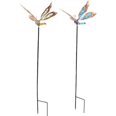 Lot de 2 Piquets de Jardin Libellule Lumineux dans le Noir Art de Jardin en Métal Décor Extérieur avec Verre Coloré pour Pelouse Cheminée Patio beige