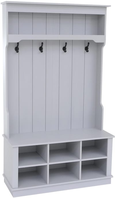 Garderobekast MCW-P26, halgarderobekast, houten garderobekast met zitbank, 4 haken, opbergvak, melamine, 170 x 100 x 39 cm ~ lichtgrijs