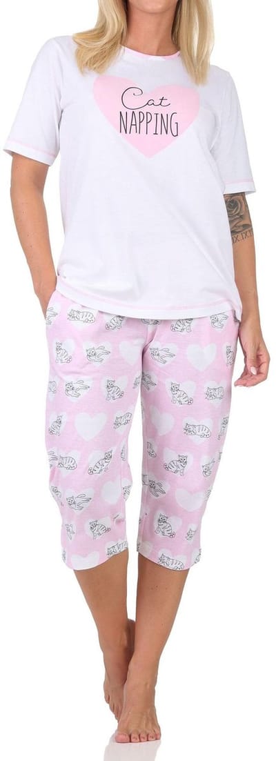 Normann dames pyjama met korte mouwen en capribroek pyjama met hart- en kattenmotief