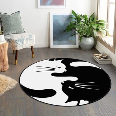Yin en Yang Kat Rond Tapijt voor Woonkamer Slaapkamer Decoratie Antislip Kinderkamer Kruipvloermat Populair Cirkelvormig Tapijt 80x80cm