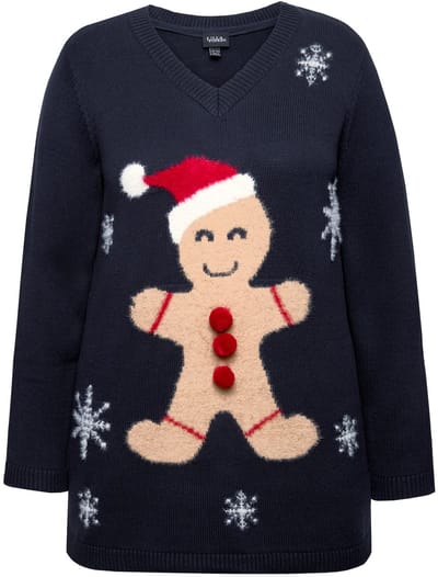 Ulla Popken - Dames - kersttrui peperkoekenmannetje V-hals lange mouwen - Marine - Maat 46+