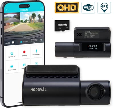 Nordväl DC101-2K Dashcam - incl. 64GB SD Kaart - 2K QHD - Wifi - GPS - Parkeermodus - Nachtzicht - Super compact - Auto camera - Dashcam voor auto