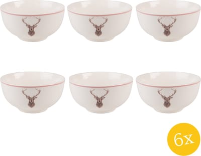 Clayre & Eef Soepkom set van 6 stuks 500 ml Beige Bruin Porselein Rond Hert Serveerkom