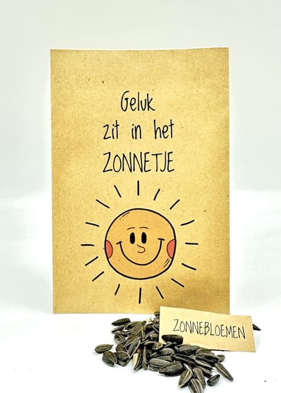 10 stuks, geluk zit in het zonnetje, zonnebloemen, klein kadootje, brievenbuskadootje,beterschap, opkikkertje,bloemenzaad, kadootjes tot 5 euro,bloemen,