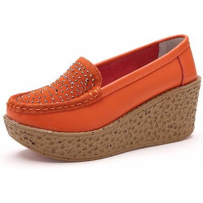 Vrouwen Echt Leren Wig Platform Schoenen Dames Slip On Kristal Platte Schoenen Hoge Hak 7cm Dikke Zool Ondiepe Casual Loafers 37 oranje