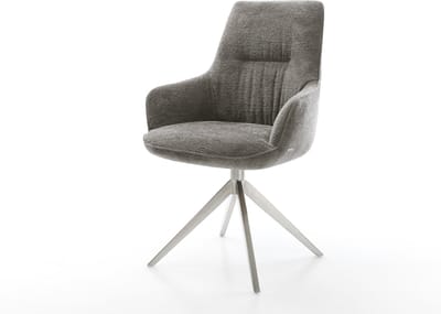 Eetkamerstoel Zelia-Flex met armleuning kruisframe breed roestvrij staal bouclé zacht mud 360° draaibaar rocker-functie pocketveer kern