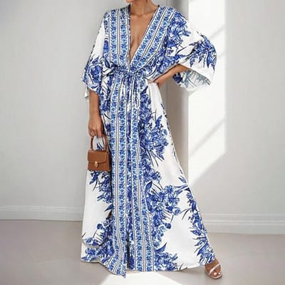 Lente Nieuwe Dames Retro Print Temperament Elegant V-hals Strappy Jurk M