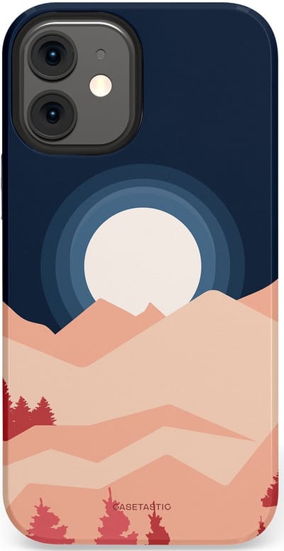 Casetastic hoesje geschikt voor Apple iPhone 12 Mini - Dubbellaagse bescherming - Bergen bij maanlicht - Fashion Case - Zwart Perzik Zand Koraal