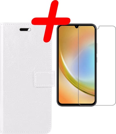 Hoesje Met Screenprotector - Geschikt voor Samsung Galaxy A34 - Luxe Pasjeshouder - Bookcase Portemonee - Flip Case - Kunstleer Book Case - Flipcase - Book Cover - Walletcase - Portemonneehoes - Wit