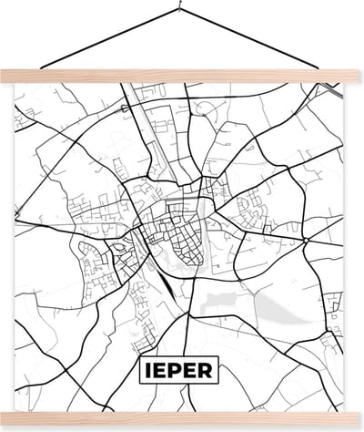 Posterhanger incl. Poster 40x40 cm - Schoolplaat - België – Ieper – Stadskaart – Kaart – Zwart Wit – Plattegrond - Textielposter - Blanke latten - Stadskaart