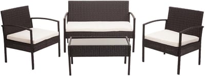 Poly-rattan set MCW-F56, balkon/tuin/lounge set zitgroep ~ bruin, crèmekleurige kussens