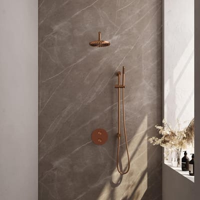 Brauer Copper Edition thermostatische inbouw regendouche 3-weg rond SET 87 met 20 cm douchekop en gebogen muurarm en staaf handdouche en doucheslang en geïntegreerde glijstang koper geborsteld PVD