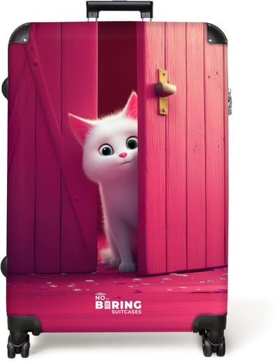 NoBoringSuitcases.com® - Kinderkoffer - Kindertrolley jongen en meisje - Witte kat gluurt door roze deur - Koffer kind groot - Rolkoffer met 4 wielen - Grote trolley XL - 98 liter bagage