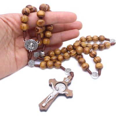 Houten Antieke Kruis Rozenkrans Hanger Kettingen Jezus Sint Benedictus Kralen Kettingen Voor Mannen Vrouwen Handgemaakte Sieraden Cadeaus 60cm brown