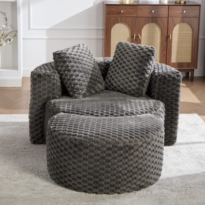 MODFU Fauteuil Met Hocker - 360° Kuipvorm - Modern - Voor Woonkamer Of Slaapkamer - Stof - Donkergrijs - 130 X 115 X 103 Cm