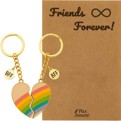 BFF Sleutelhanger voor 2 ' Friends Forever' - Magnetisch Regenboog Hartje - Sleutelhanger set op Cadeau Kaartje - Goudkleurig - Vriendschap Symbool - Pax Amare