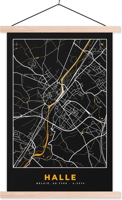 Posterhanger incl. Poster 40x60 cm - Schoolplaat - Halle - Kaart - Plattegrond - Black en gold - Stadskaart - Textielposter - Blanke latten - Stadskaart