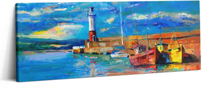 Wallfluent Foto Op Canvas Vuurtoren en boten - 125 x 50 cm - Blauw Schilderij Op Canvas - Landschappen Foto Op Doek - Imitatie van een olieverfschilderij Schilderij Doek - Landschappen Schilderij Canvas