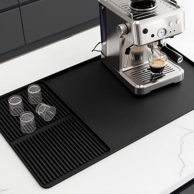 2-in-1 Koffiemachine Onderlegger van Siliconen, Afwasmat voor Keuken, Vaatdruipmat met Convexe Rand, Ideaal voor Volautomatische Koffiemachines en Werkbladen, Zwart