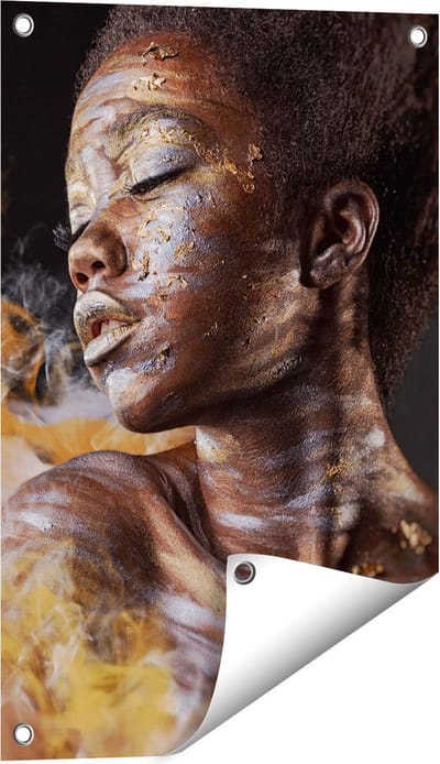 Gards Tuinposter Afrikaanse Vrouw met Zilver en Goud - 40x60 cm - Tuindoek - Tuindecoratie - Wanddecoratie buiten - Tuinschilderij