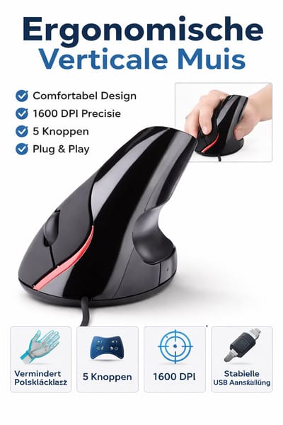 Verticale Ergonomische Muis – USB – 1600 DPI – 5 Knoppen – Anti Polsbelasting – Comfort Office Muis – Grijs