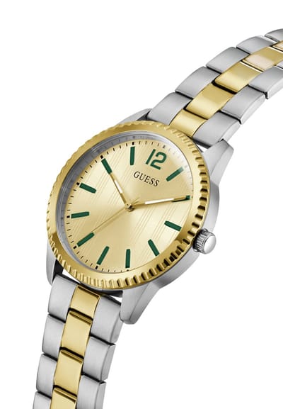 Guess Chip Quartz Analoog Horloge Zilverkleurig En Goudkleurig Kast Gemaakt Van 100% Roestvrij Staal En Een Armband Van 100% Roestvrij Staal 40 GW1062G1, GW1062G2, GW1062G4