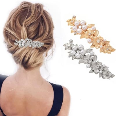 Allecto Plus - 2 Stuks Strass Bloem Haarspeldjes voor Bruiloft en Prom - Goud en Zilver - Haarspelden met Kristal Parel - Franse Haarspelden - Paardenstaart Houder - Zijclips - Haaraccessoires voor Bruidsmeisje