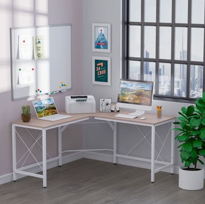 FloraGrace Bureau - L-Vormig Hoekbureau Voor Optimale Ruimtebenutting - Grote Werkplek Voor Thuiswerk En Werkkamer - Metaal - 150x150x76 Cm - Naturel