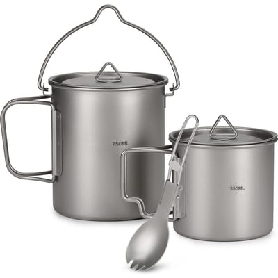 Pot Ultraléger 750ml en Titane Tasse Mug à Eau Portable en Titane avec Couvercle et Poignée Pliable Camping en Plein Air Cuisine 750ML Pot & 350ML Cup & Spork