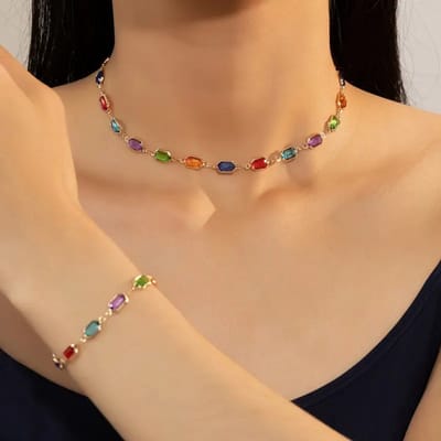Nivard Ketting + Armband - Dames - Staal - Nep zilver - Met Hanger - Kleurrijk
