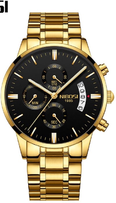 Horloges voor mannen - Horloge mannen – Luxe Goudkleurig Design - Heren horloge - Ø 42 mm – Goudkleurig - Roestvrij Staal - Waterdicht tot 3 bar - Chronograaf - Geschenkset met verstelbare pin