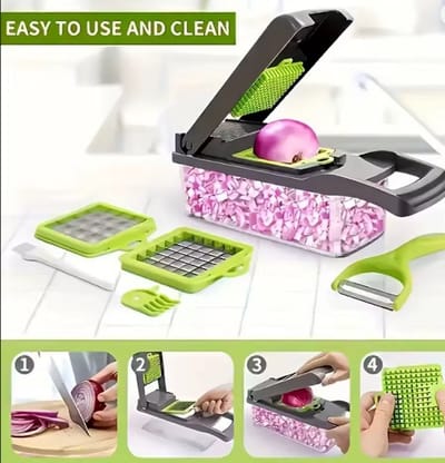 Multifunctionele Groentesnijder - 12-in-1 Mandoline & Hakker - Met Opvangbak - Grijs/Groen