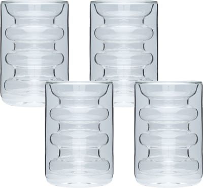 4x Intirilife Dubbelwandig thermoglas - stijl met groeven - 190 ml inhoud - Mondgeblazen geïsoleerd voor latte macchiato, als theeglas of koffieglas met handvat