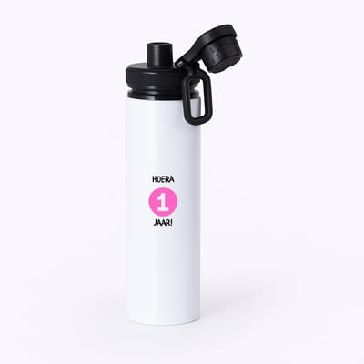 Hacebo® - Hoera 1 jaar waterfles met draaidop zwart - Verjaardag - Jarigen - Verjaardagscadeau - baby - Happy birthday - water fles - 850ML