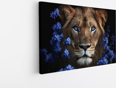 Saammp Canvas Schilderij - Leeuw met blauwe ogen en bloemen - Dieren - Natuur - 45x30 - Foto op canvas - Wanddecoratie - Muurdecoratie Woonkamer - Slaapkamer decoratie - Canvas Print