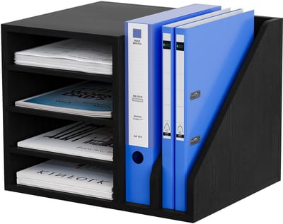 Hout Desktop 4 Tier in lade A4 bestandshouder Magazine Organizer Mail Sorteerder Office Desk netjes, Zwart, 390x309x300mm