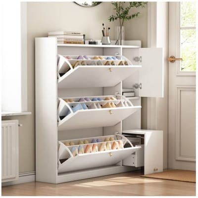 Meuble de rangement - MUVOE - Armoire à chaussures - Blanc - 3 tiroirs - Banc rabattable blanc