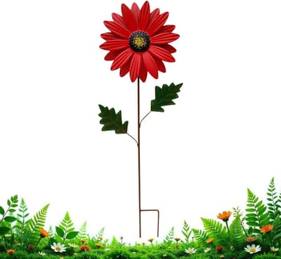 Metalen Tuinsteker - Tuindecoratie IJzer Kunst - Tuin Verfraaien - Zonnebloem Design - 69x20x6 cm - Rood