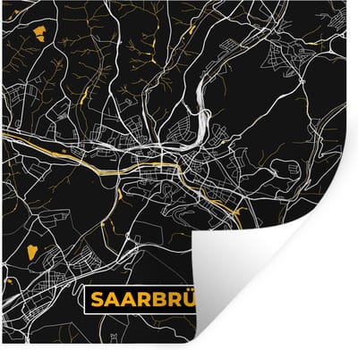 Muurstickers - Sticker Folie - Black and Gold – Stadskaart – Saarbrücken – Duitsland – Plattegrond – Kaart - 100x100 cm - Plakfolie - Muurstickers Kinderkamer - Zelfklevend Behang XXL - Zelfklevend behangpapier - Stickerfolie