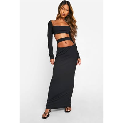 boohoo Dames Geribbelde Column Maxirok met Uitgesneden Taille | Zwart | Maat: 40